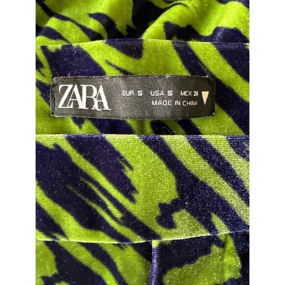 Zara Green & Blue Swirl Print High Rise Velvet Split Hem Flare Pants Womens S - Picture 10 of 11